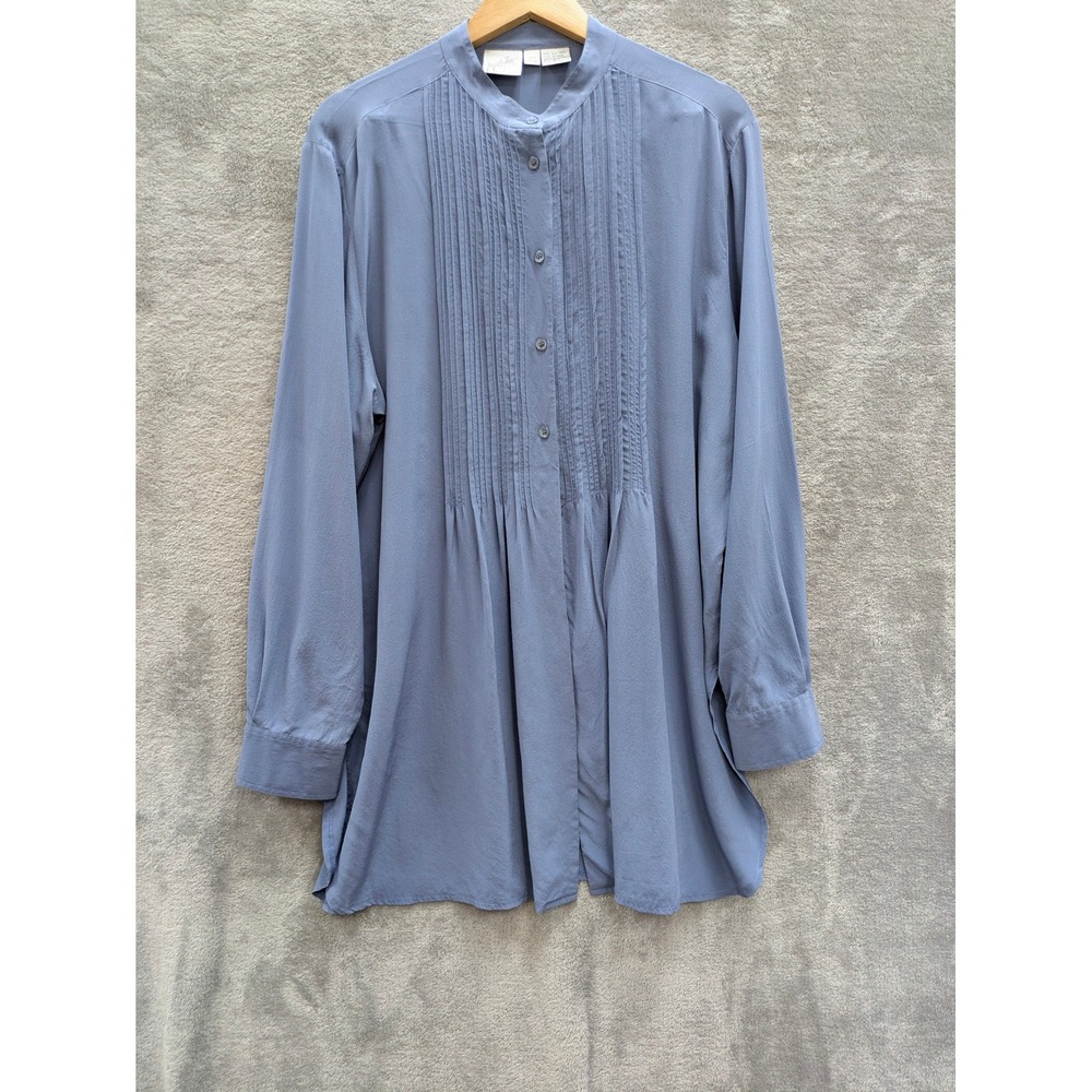 Minimalist Silk Tunic Blouse Womens Large Blue Pintuck Pleated Long Sleeve